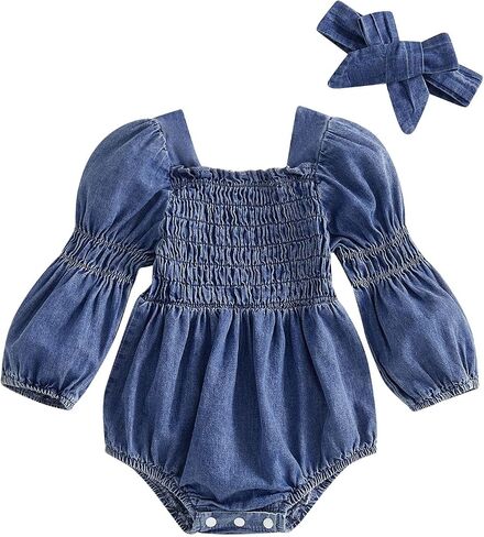 Infant Baby Girl Clothes Denim Bubble Romper Smocked Long Sleeve Jumpsuit and Headband Outfit Newborn Fall Clothing in Kuwait