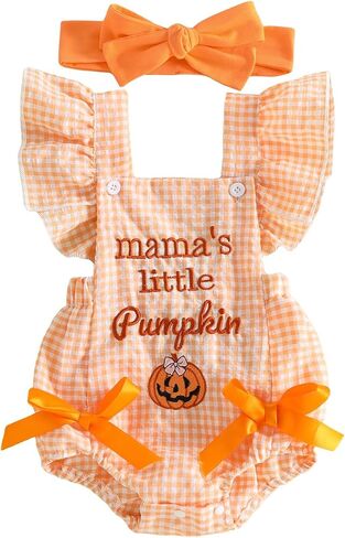 Baby Girl Halloween Outfit Mama's Little Pumpkin/Boo Ghost Onesie Ruffle Romper Fall Bubble Plaid Bodysuit Headband in Kuwait