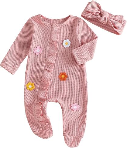Newborn Girl Going Home Outfit Long Sleeve Footies Floral Ruffled Trim Zipper Jumpsuit Headband Baby Fall Clothes in Kuwait