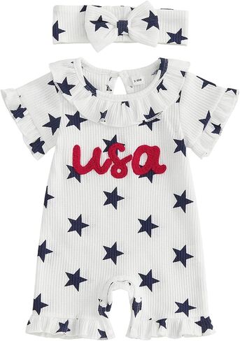 Baby Girl 4th of July Outfit Newborn Usa Onesie Short Sleeve Embroidery Ruffle Romper My First 4th of July Outfit in Kuwait