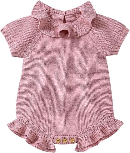 Baby Girl Sweater Knit Romper Short Sleeve | Ruffle Collar Newborn Bodysuit, Soft Onesie Outfit for Infant Girls,Summer Clothes in Kuwait
