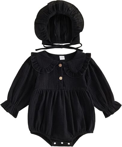 Newborn Baby Girl Cotton Gauze Clothes Long Sleeve Romper and Bonnet | for 0 3 6 12 18 Months Girls, New Born Gilr Muslin Clothes,Baby Bonnets, Ruffle Rompers, Collared Linen Onesie in Kuwait