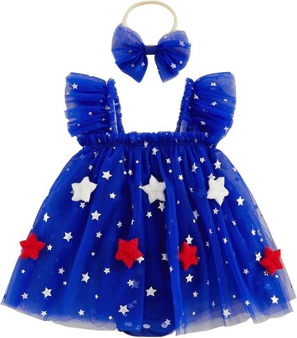 Newborn 4th of July Baby Girl Outfit Star Smocked Bubble Romper Dress Mesh Bodysuit Bow Cute Infant Patriotic Clothes in Kuwait