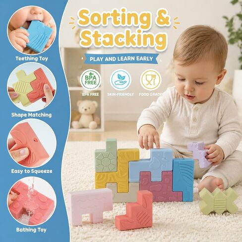 Baby Blocks – Montessori Baby Toys for 6-12 Months 10 Soft & Soft Teething Toy, Shapes, Colors, Animals - One Two Squeeze, Easter Basket Stuffers Toys for 1 2 Year Old Birthday Gifts in Kuwait