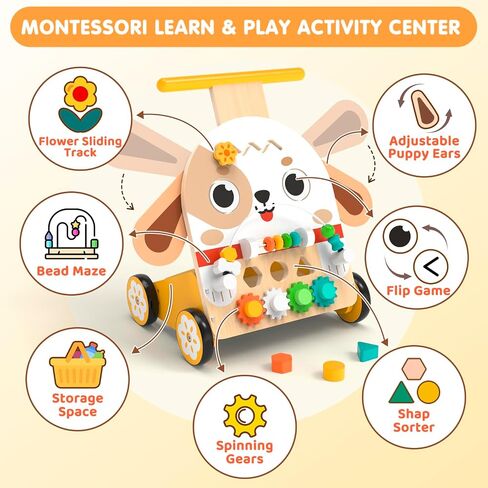 Wooden Baby Walker, 6-in-1 Push Walker for Toddlers | 6-in-1 Puppy Activity Walker with Shape Sorter, Bead Maze, Gears and Rubber Wheels for Toddlers 12-36 Months in Kuwait