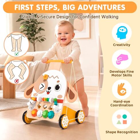 Wooden Baby Walker, 6-in-1 Push Walker for Toddlers | 6-in-1 Puppy Activity Walker with Shape Sorter, Bead Maze, Gears and Rubber Wheels for Toddlers 12-36 Months in Kuwait