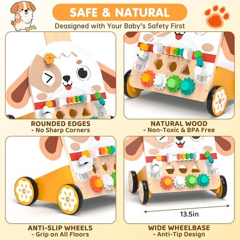Wooden Baby Walker, 6-in-1 Push Walker for Toddlers | 6-in-1 Puppy Activity Walker with Shape Sorter, Bead Maze, Gears and Rubber Wheels for Toddlers 12-36 Months in Kuwait