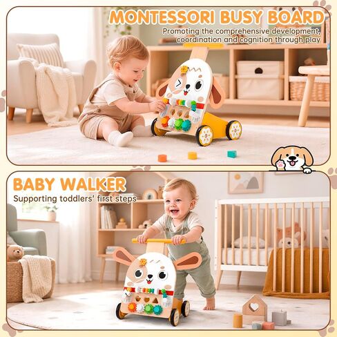 Wooden Baby Walker, 6-in-1 Push Walker for Toddlers | 6-in-1 Puppy Activity Walker with Shape Sorter, Bead Maze, Gears and Rubber Wheels for Toddlers 12-36 Months in Kuwait