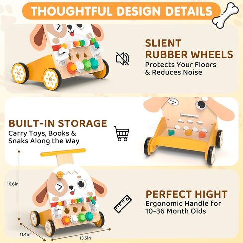 Wooden Baby Walker, 6-in-1 Push Walker for Toddlers | 6-in-1 Puppy Activity Walker with Shape Sorter, Bead Maze, Gears and Rubber Wheels for Toddlers 12-36 Months in Kuwait