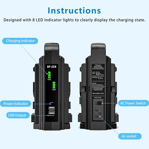 V-Mount Battery Charger/V Lock Battery Fast Charger, Dual Channel V-Mount/V Lock Battery Charger BP-2CH - Compatible with 14.4V/14.8V V-Mount & V-Lock Batteries (Battery Not Included) in Kuwait