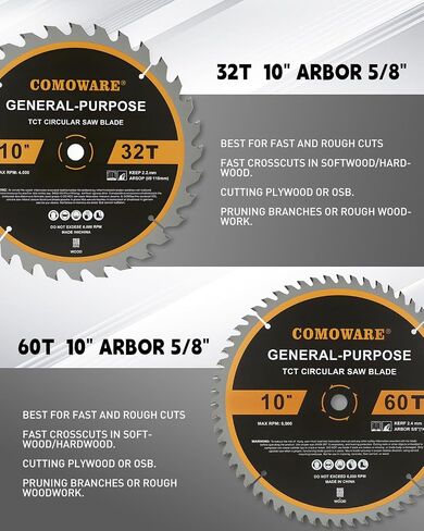 COMOWARE 10 inch Miter Saws Blade, 32T & 60T ATB Circular Saw Blade, 5/8" Arbor, TCT Carbide-Tipped, Anti-Vibration, Teflon Anti-Stick, Miter Saws Blades for Wood, Laminate, Plywood & Hardwoods in Saudi Arabia