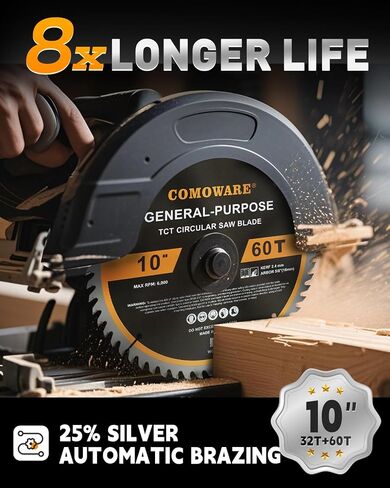 COMOWARE 10 inch Miter Saws Blade, 32T & 60T ATB Circular Saw Blade, 5/8" Arbor, TCT Carbide-Tipped, Anti-Vibration, Teflon Anti-Stick, Miter Saws Blades for Wood, Laminate, Plywood & Hardwoods in Saudi Arabia