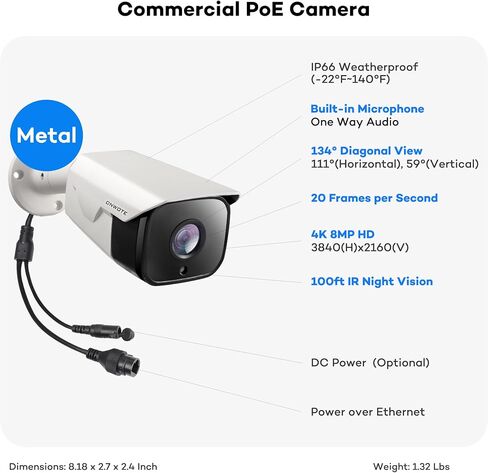 ONWOTE 4K 8MP PoE IP Security CCTV Camera, Capture Video Audio,Bullet White | 8 Megapixels, IR Night, Commercial Wired 134° Camera, Home/Business, Indoor/Outdoor, AI Detection, Only Work with ONWOTE NVRs in Kuwait