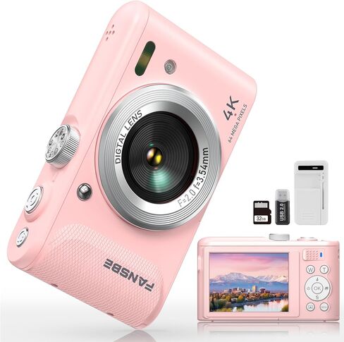 Fansbe Smart Digital Camera, 4K Vlogging Camera with 64MP, Point and Shoot Digital Cameras with 18X Zoom, Anti-Shake, Mode Dial, 32GB SD Card, Card Reader, Charger, Compact Small Cameras, Pink in Saudi Arabia