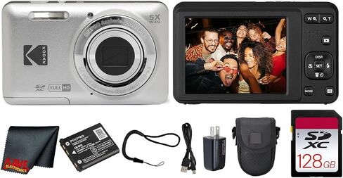 Kodak PIXPRO FZ55 Digital Camera (Blue) | 16MP Sensor, 5X Optical Zoom, 28mm Wide-Angle Lens & Full HD Video | Great for Travel & Beginner Photography (FZ55BL) + 32GB Card + Case + Cleaning Cloth in Kuwait