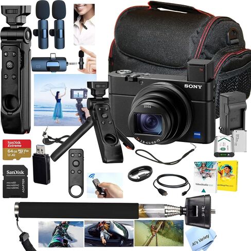 Sony CyberShot RX100 VII + 64GB Extreme Memory, Wireless Lavalier Microphones, Shooting Grip Tripod w/Remote Shutter, Selfie Stick, Case, Grip, Software, and More (Pro Video Creator Bundle) (Renewed) in Kuwait