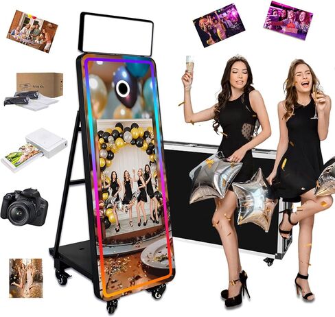 32in Touch Screen Mirror Photo Booth Machine with Camera Printer,PC,White | DSLRBOOTH Mirror Photo Booth for Parties Events RGB Fill Light Compatible with Camera Printer Take Photo to Share,Flight Case in Kuwait