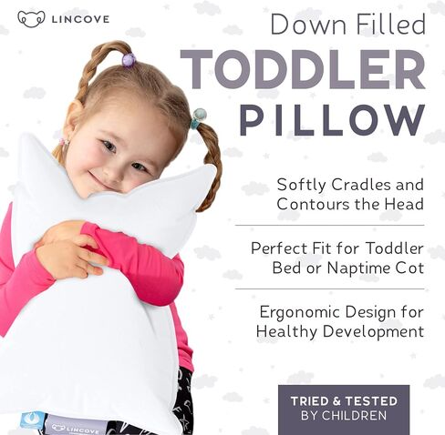 Lincove Canadian Down Toddler Pillow for Sleeping - Perfect for Kids Travel Pillow, Nap Time, Toddler Cot, Crib, Bed - 800 Fill Power, 100% Cotton Shell, 400 Thread Count (13 x 18) in Kuwait