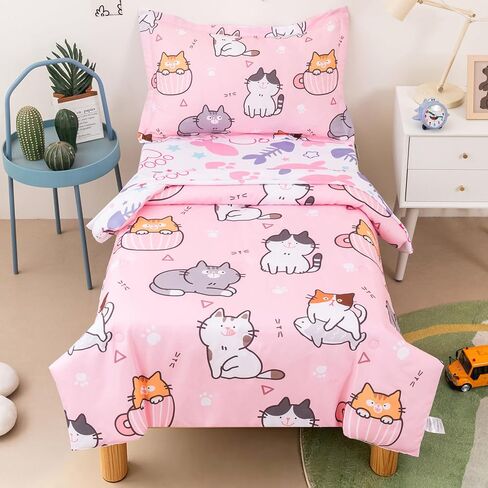 lishjekee Cat Toddler Bedding Set for Girls, 4 Pieces Bed in A Bag Toddler Comforter Sets, Super Soft Comforter Sheet Set Comfortable Microfiber Polyester Cat Bed Set in Kuwait
