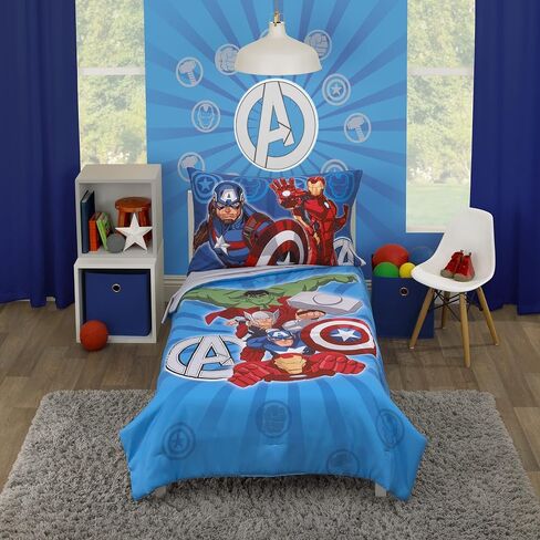 Disney Marvel Avengers Team Blue, Red, and Green Hulk, Captain America, Iron Man, and Thor 4 Piece Toddler Bed Set - Comforter, Fitted Bottom Sheet, Flat Top Sheet, and Reversible Pillowcase in Kuwait