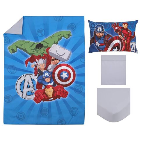 Disney Marvel Avengers Team Blue, Red, and Green Hulk, Captain America, Iron Man, and Thor 4 Piece Toddler Bed Set - Comforter, Fitted Bottom Sheet, Flat Top Sheet, and Reversible Pillowcase in Kuwait