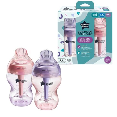 Tommee Tippee Advanced Anti-Colic Baby Bottles, Newborn 0m+, 9oz | Pack of 2, Slow Flow Breast-Like Nipple, Unique Design Keeps Air Away from Milk, Pink & Purple, BPA Free in Kuwait