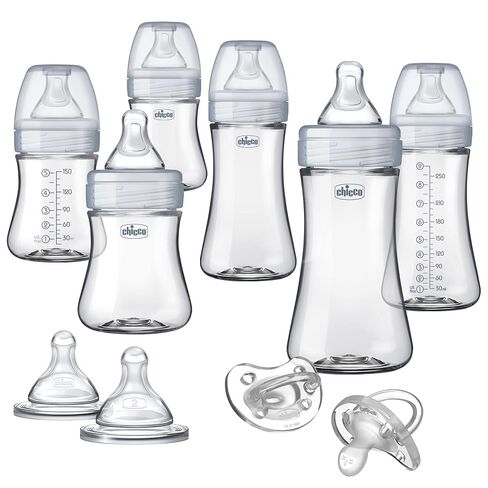 Chicco Duo Hybrid Baby Bottles, Glass Inside, Plastic Outside, 9oz, 2 Pack | Neutral/Grey, anti-colic Intui-Latch nipple, slow flow 0m+, BPA-free, made in USA, dishwasher safe, lightweight shell in Kuwait