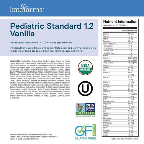 KATE FARMS Pediatric 1.2 High Calorie Shake, Vanilla, 6 Pack | Organic pediatric nutrition shake with 12g protein plus 27 vitamins and minerals. in Kuwait