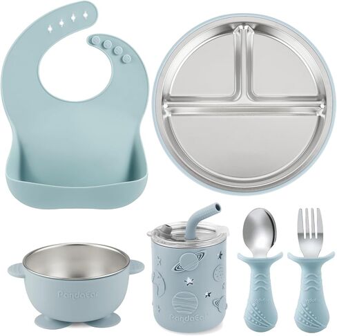 PandaEar 6-in-1 Stainless Steel Baby Feeding Set | Divided Suction Plate, Bowl, Sippy Cup with Straw, Bib, Spoon & Fork | BPA-Free Toddler Feeding Essentials for Self-Feeding (Pink) in Kuwait