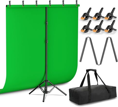 Emart 5x6.5ft Green Screen Backdrop Kit with T-Shape Stand and 6 Clamps | Reverse folding base for easy storage & transport，perfect for Photography, Photoshoot, Studio Video Recording, Streaming in Kuwait