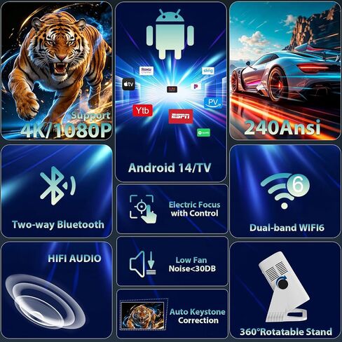Wielio 2026 Smart Projector Android 14/TV with WiFi 6 and Bluetooth 5.0 | Built in 1000+ Apps 210 ANSI Portable Bedroom Mini Movie Projector Auto Keystone & Zoom-black-and-white in Kuwait