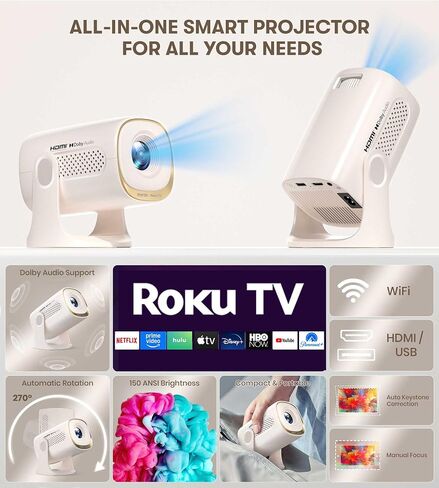 Miroir Roku TV Smart Projector with WiFi and Bluetooth, 150 ANSI, Dolby Audio, 270° Rotatable Stand, Auto Keystone & Zoom — Portable Mini Outdoor Movie Projector with Roku Streaming Built-in in Kuwait