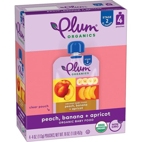 Plum Organics Peach, Banana & Apricot, 6+ Months Baby Food Pouches, 4 Pack | Organic Fruit and Veggie Baby Food Pouches, 4 oz Pouch in Kuwait