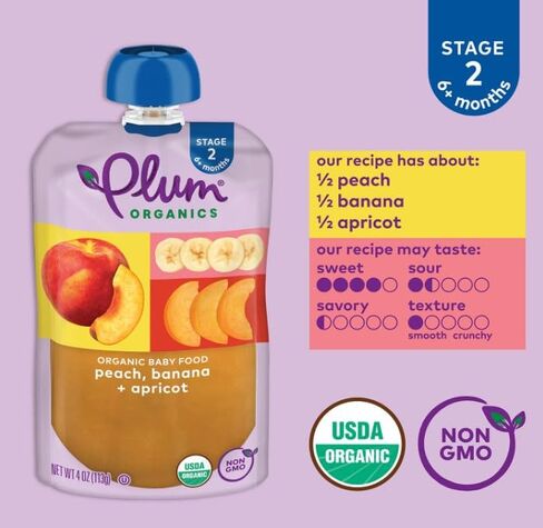 Plum Organics Peach, Banana & Apricot, 6+ Months Baby Food Pouches, 4 Pack | Organic Fruit and Veggie Baby Food Pouches, 4 oz Pouch in Kuwait
