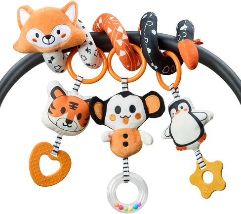 TUMAMA Black and White Baby Stroller Arch Toys for Babies 0 3 6 9 12 Months | Fox Spiral, Tiger, Monkey, and Penguin Rattles with Teethers and Rattling Beads, detachable and hangabl, soft material in Kuwait