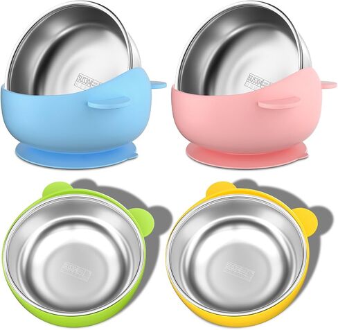 Bakpoco Stainless Steel Baby Bowls with Suction, 2-in-1 SUS304 Toddlers Bowl & Removable Silicone Suction Kids Bowl, Anti Scald Non Toxic Snack Container for Baby Food Feeding, 4 Colors Set in Kuwait