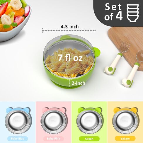 Bakpoco Stainless Steel Baby Bowls with Suction, 2-in-1 SUS304 Toddlers Bowl & Removable Silicone Suction Kids Bowl, Anti Scald Non Toxic Snack Container for Baby Food Feeding, 4 Colors Set in Kuwait