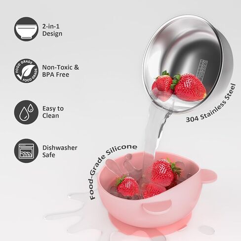 Bakpoco Stainless Steel Baby Bowls with Suction, 2-in-1 SUS304 Toddlers Bowl & Removable Silicone Suction Kids Bowl, Anti Scald Non Toxic Snack Container for Baby Food Feeding, 4 Colors Set in Kuwait