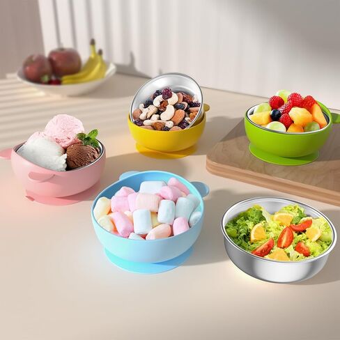 Bakpoco Stainless Steel Baby Bowls with Suction, 2-in-1 SUS304 Toddlers Bowl & Removable Silicone Suction Kids Bowl, Anti Scald Non Toxic Snack Container for Baby Food Feeding, 4 Colors Set in Kuwait