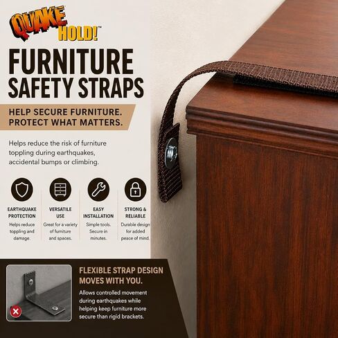 QuakeHold! 4162 Furniture Strap Kit, Antique Brown, 15 in Nylon Anchors | Anti-Tip Wall Anchors & Safety Straps for Bookcases, Dressers, Cabinets and Shelves for Earthquake Preparedness in Kuwait