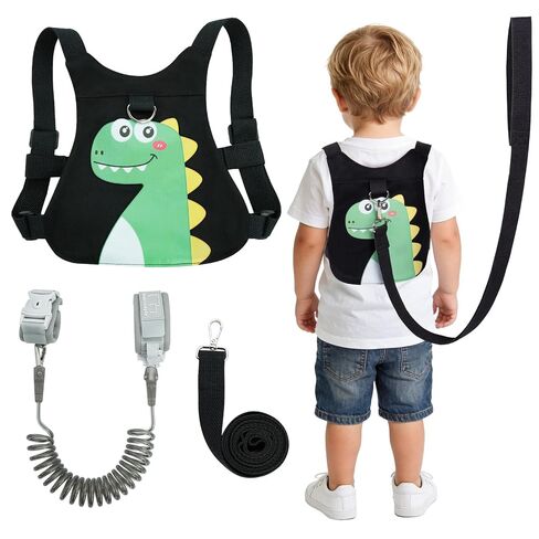 Toddler Harness Leash Anti Lost, 4 in 1 Baby Safety Wrist Link Belt with Dinosaur Pattern, Adjustable Kids Walking Strap for Boys Girls, Prevent Falling Travel Essentials (Black) in Kuwait