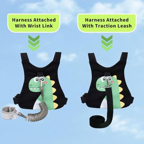 Toddler Harness Leash Anti Lost, 4 in 1 Baby Safety Wrist Link Belt with Dinosaur Pattern, Adjustable Kids Walking Strap for Boys Girls, Prevent Falling Travel Essentials (Black) in Kuwait