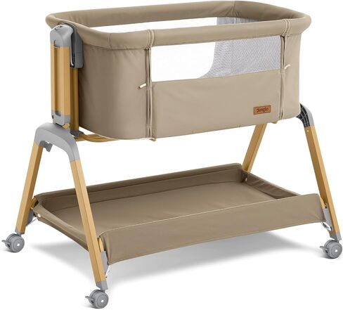 3-in-1 Baby Bassinet, Bedside Sleeper, Rocking Mode, Wheels (Khaki) | 5 heights, breathable mesh, comfy mattress with washable sheet, storage basket, tool-free setup, bedside or rocking use in Kuwait