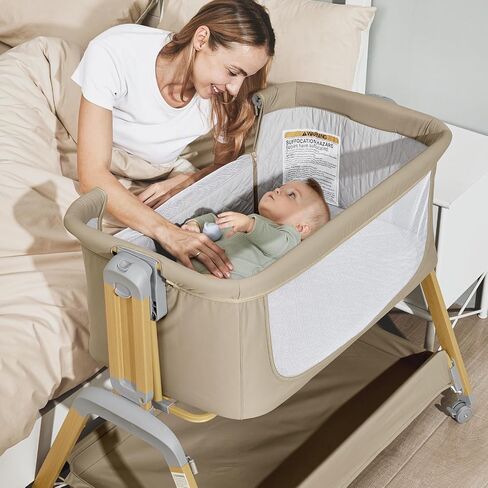 3-in-1 Baby Bassinet, Bedside Sleeper, Rocking Mode, Wheels (Khaki) | 5 heights, breathable mesh, comfy mattress with washable sheet, storage basket, tool-free setup, bedside or rocking use in Kuwait