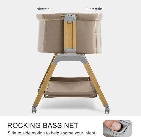 3-in-1 Baby Bassinet, Bedside Sleeper, Rocking Mode, Wheels (Khaki) | 5 heights, breathable mesh, comfy mattress with washable sheet, storage basket, tool-free setup, bedside or rocking use in Kuwait