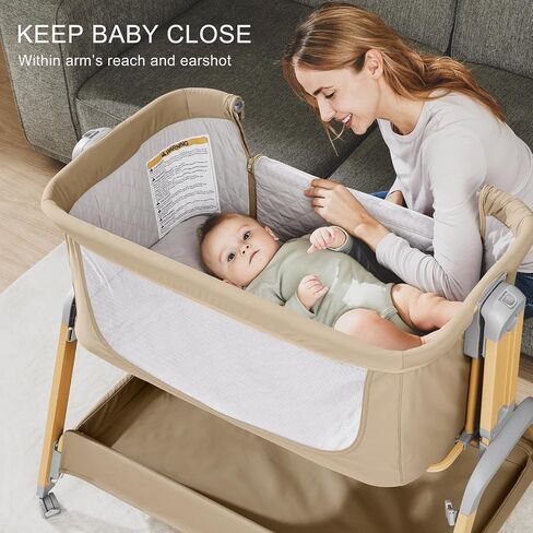 3-in-1 Baby Bassinet, Bedside Sleeper, Rocking Mode, Wheels (Khaki) | 5 heights, breathable mesh, comfy mattress with washable sheet, storage basket, tool-free setup, bedside or rocking use in Kuwait