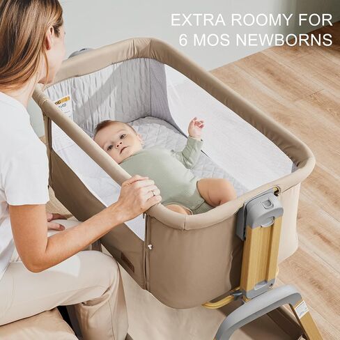 3-in-1 Baby Bassinet, Bedside Sleeper, Rocking Mode, Wheels (Khaki) | 5 heights, breathable mesh, comfy mattress with washable sheet, storage basket, tool-free setup, bedside or rocking use in Kuwait