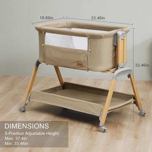3-in-1 Baby Bassinet, Bedside Sleeper, Rocking Mode, Wheels (Khaki) | 5 heights, breathable mesh, comfy mattress with washable sheet, storage basket, tool-free setup, bedside or rocking use in Kuwait
