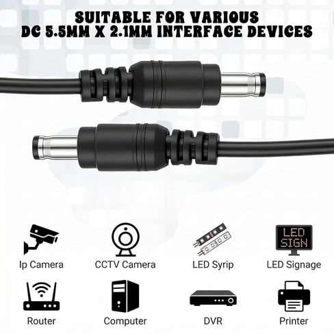 2Pcs DC Power Cable 12v DC Extension Cord 2.1mm x 5.5mm | Male to Male Power Adapter 12v Powers Extension Cable for LED Strip, Camera, DC5521 Jack Cables, Black in Kuwait