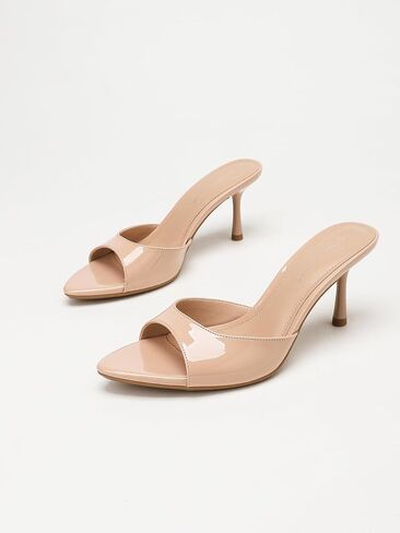 Women's Nude Glossy Patent Leather Single Wide Strap Pointed Toe Stiletto Mule Slides, Slip On Backless Thin Trumpet High Heel Sandals, Elegant Summer Business Casual Daily Wedding Guest Dress Shoes in Kuwait